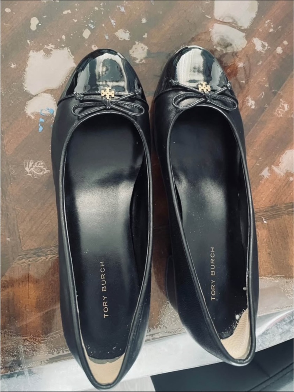 Tory Burch Black Patent Bow Ballet Flats with Gold Logo